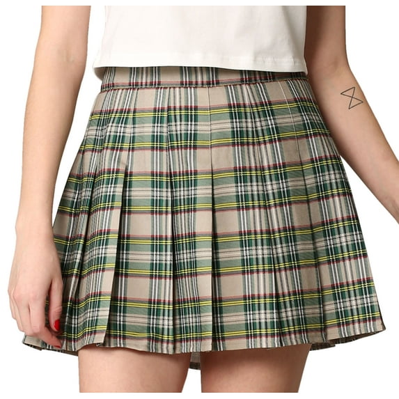 Made by Johnny Women's Plaid High Waist School Uniform Pleated Skater Tennis Skirt XS OLIVE_PLAID