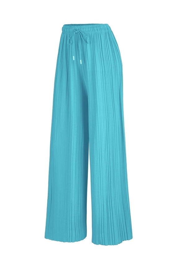 Women's Pleated Wide Leg Palazzo Pants with Drawstring ONESIZE AQUA