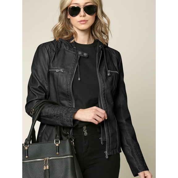 Made by Johnny Women's Removable Hoodie Motorcyle Jacket L BLACK