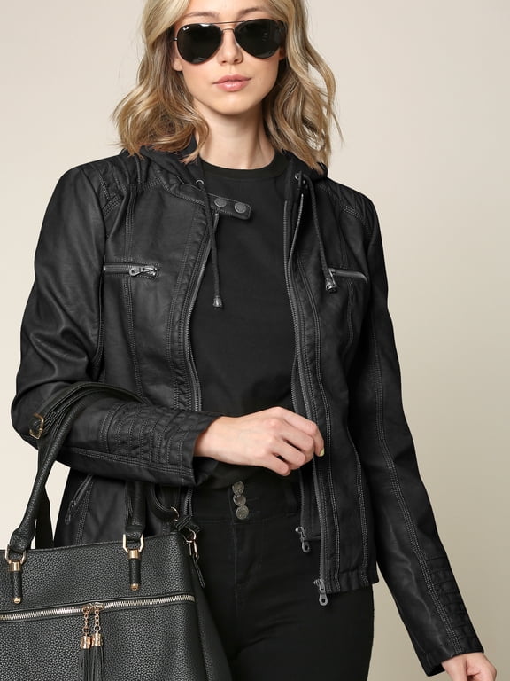 Women's Removable Hoodie Motorcyle Jacket L BLACK