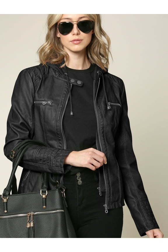 Women's Removable Hoodie Motorcyle Jacket L BLACK