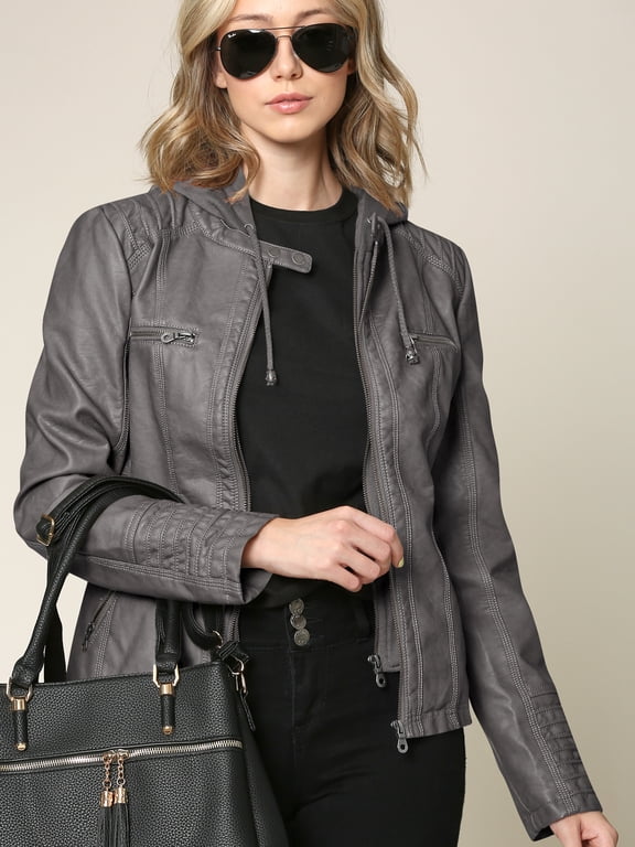Women's Removable Hoodie Motorcyle Jacket L GREY