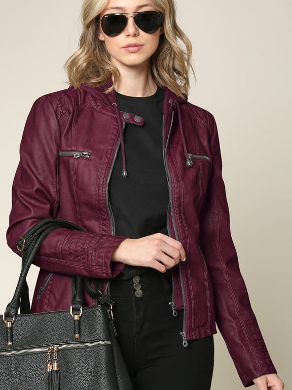 Women's Removable Hoodie Motorcyle Jacket L WINE