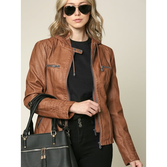 Made by Johnny Women's Removable Hoodie Motorcyle Jacket M CAMEL