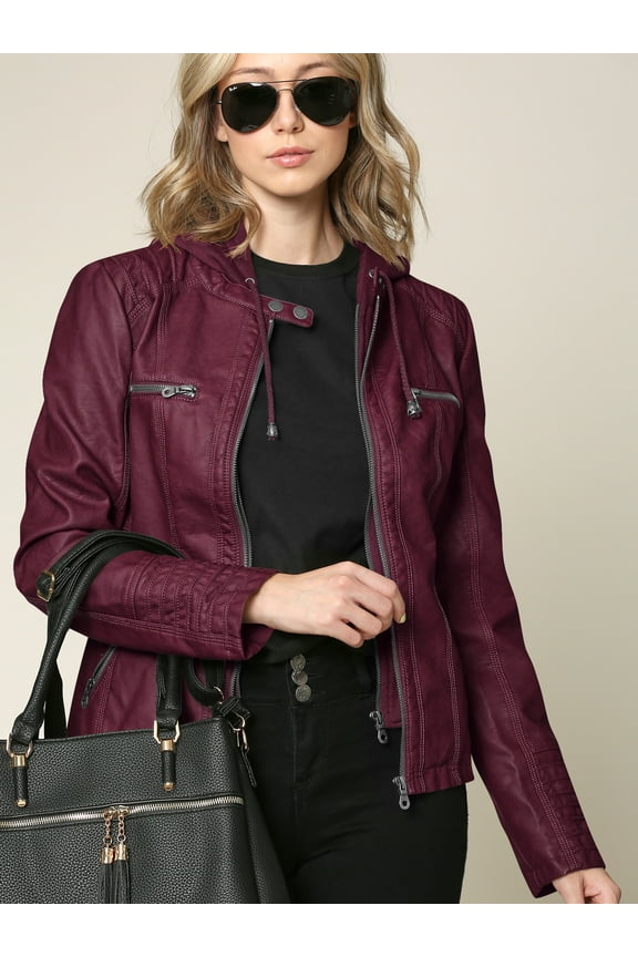 Women's Removable Hoodie Motorcyle Jacket M WINE