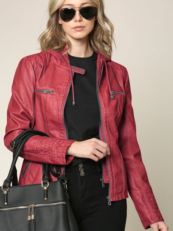 Women's Removable Hoodie Motorcyle Jacket S RED