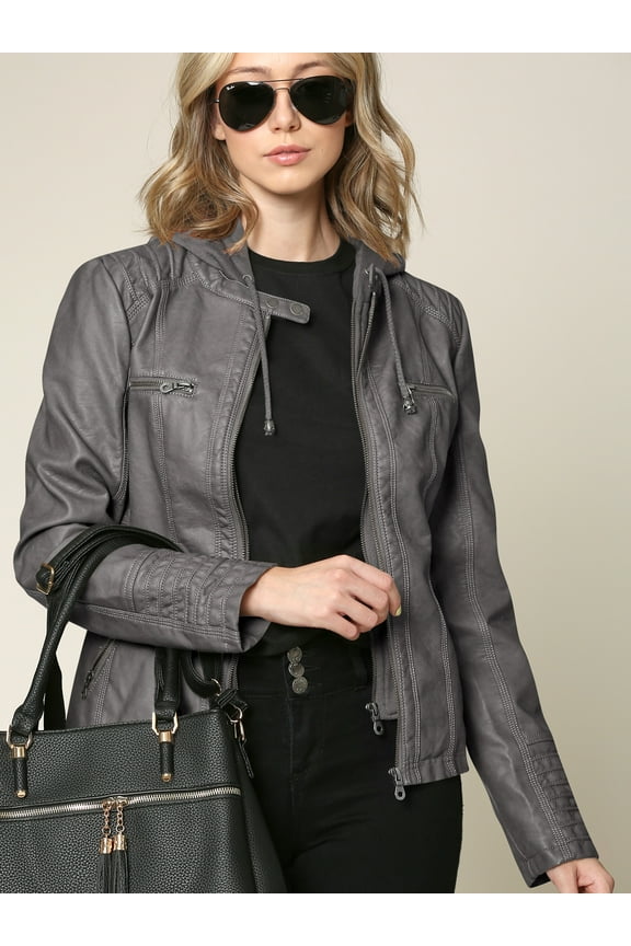 Women's Removable Hoodie Motorcyle Jacket XL GREY