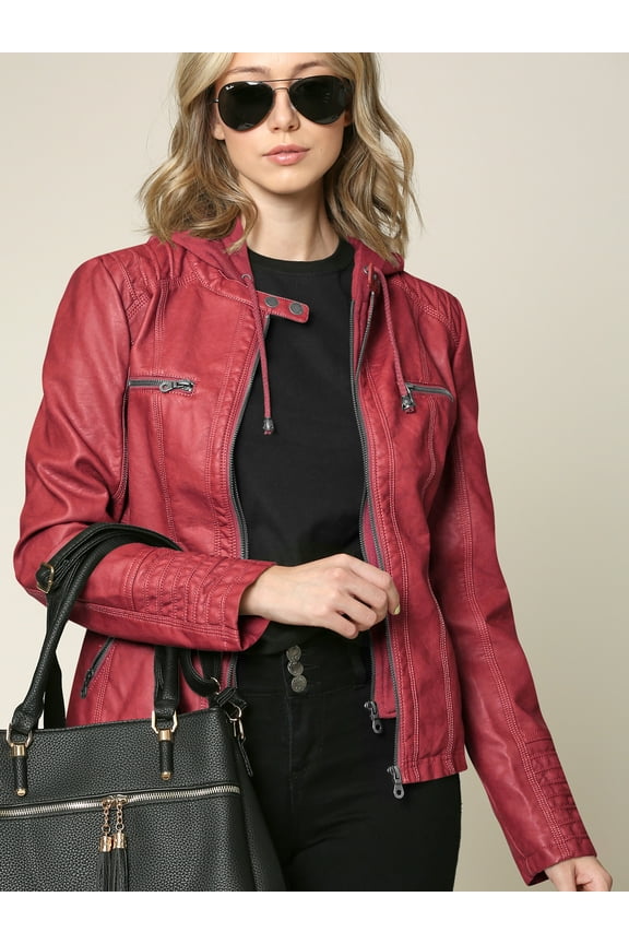 Women's Removable Hoodie Motorcyle Jacket XS RED