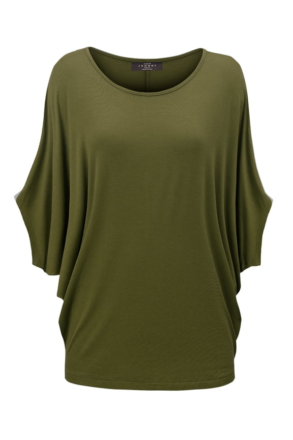 Women's Scoop Neck Half Sleeve Batwing Dolman Top L OLIVE