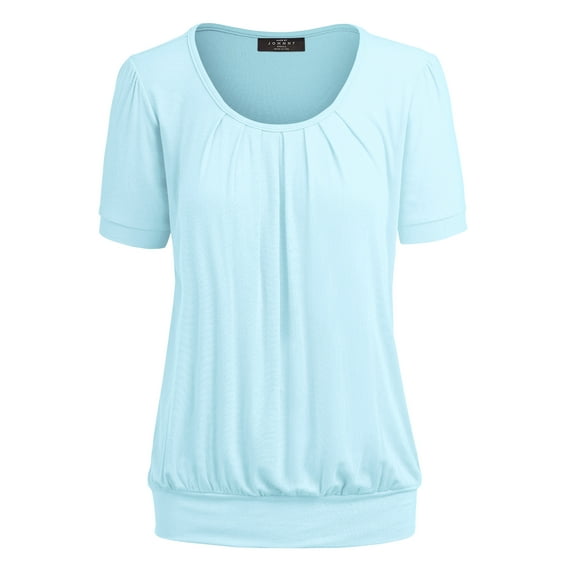 Made by Johnny Women's Scoop Neck Short Sleeve Pleated Front Blouse Tunic Top L AQUA