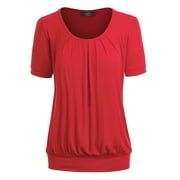 MADE BY JOHNNY Women's Scoop Neck Short Sleeve Pleated Front Blouse Tunic Top L RED