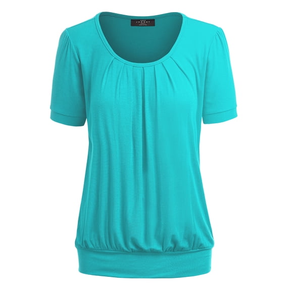 Made by Johnny Women's Scoop Neck Short Sleeve Pleated Front Blouse Tunic Top S JADE