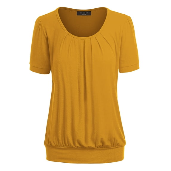 Made by Johnny Women's Scoop Neck Short Sleeve Pleated Front Blouse Tunic Top XL MUSTARD