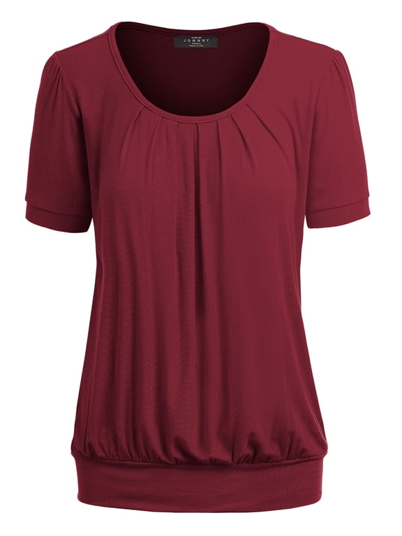 Women's Scoop Neck Short Sleeve Pleated Front Blouse Tunic Top XXL WINE