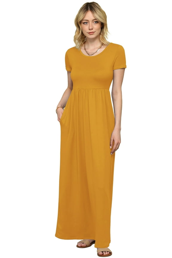 Women's Short Sleeve Loose Plain Casual Long Maxi Dresses with Pockets L MUSTARD