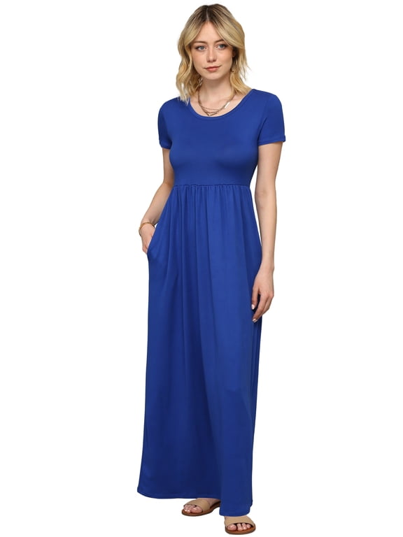 Women's Short Sleeve Loose Plain Casual Long Maxi Dresses with Pockets L ROYAL_BLUE