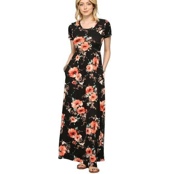 Made by Johnny Women's Short Sleeve Loose Plain Casual Long Maxi Dresses with Pockets M BLACK_FLORAL