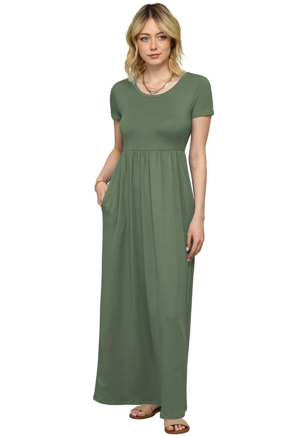 Women's Short Sleeve Loose Plain Casual Long Maxi Dresses with Pockets XL SAGE