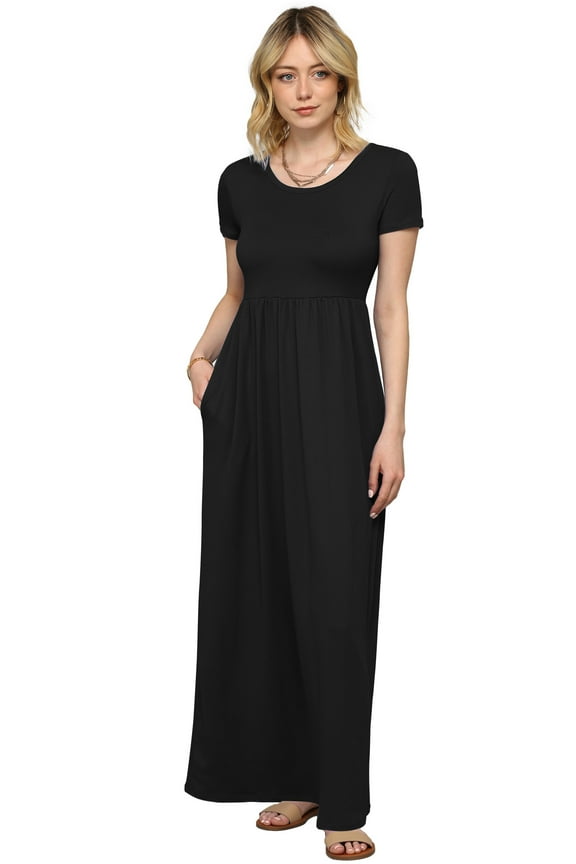 Women's Short Sleeve Loose Plain Casual Long Maxi Dresses with Pockets XXL BLACK