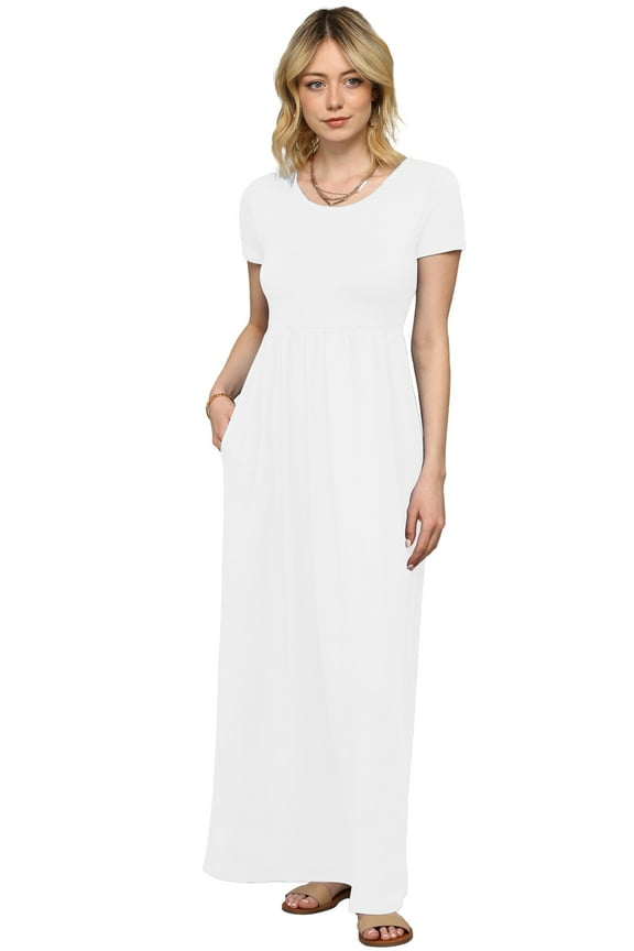 Women's Short Sleeve Loose Plain Casual Long Maxi Dresses with Pockets XXL WHITE