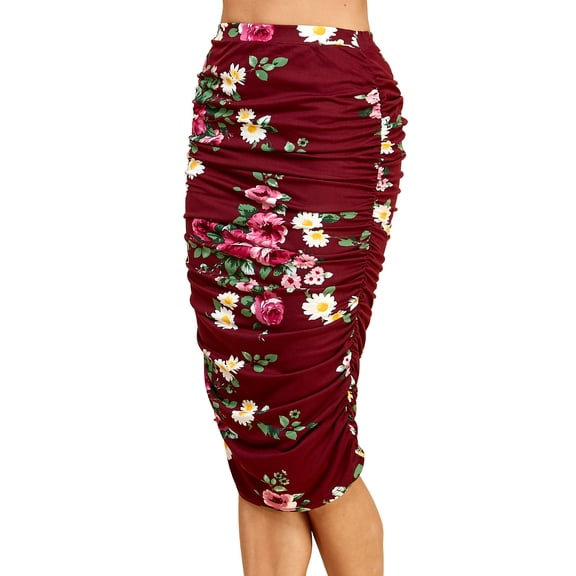 Made by Johnny Women's Slim fit Bodycon Party Club Night Out Elegant Ruched High Waist Long Pencil Skirt with Side Shirring L WINE_FLORAL