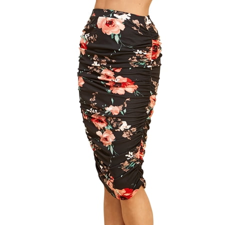Made by Johnny Women's Slim fit Bodycon Party Club Night Out Elegant Ruched High Waist Long Pencil Skirt with Side Shirring M BLACK_FLORAL