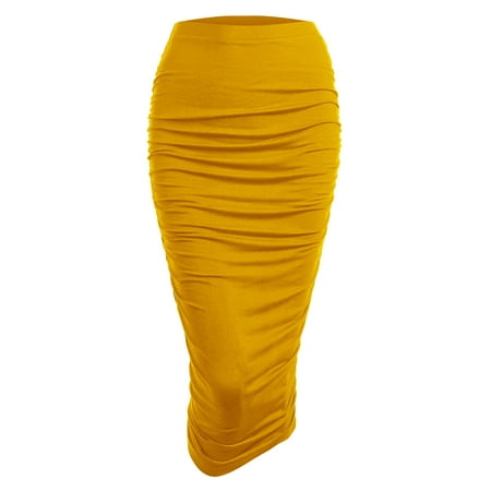 Made by Johnny Women's Slim fit Bodycon Party Club Night Out Elegant Ruched High Waist Long Pencil Skirt with Side Shirring S MUSTARD