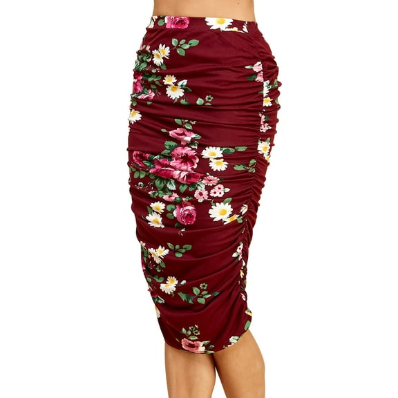 Made by Johnny Women's Slim fit Bodycon Party Club Night Out Elegant Ruched High Waist Long Pencil Skirt with Side Shirring S WINE_FLORAL