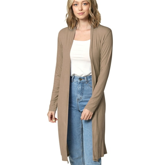 Made by Johnny Women's Solid Long Sleeve Open Front Long Cardigan L TAUPE