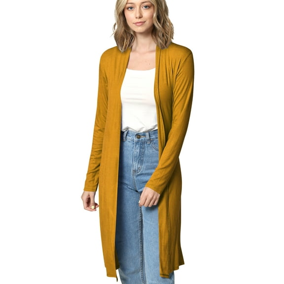 Made by Johnny Women's Solid Long Sleeve Open Front Long Cardigan M MUSTARD