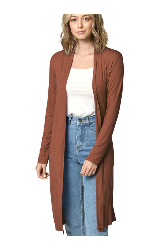 Women's Solid Long Sleeve Open Front Long Cardigan M RUST
