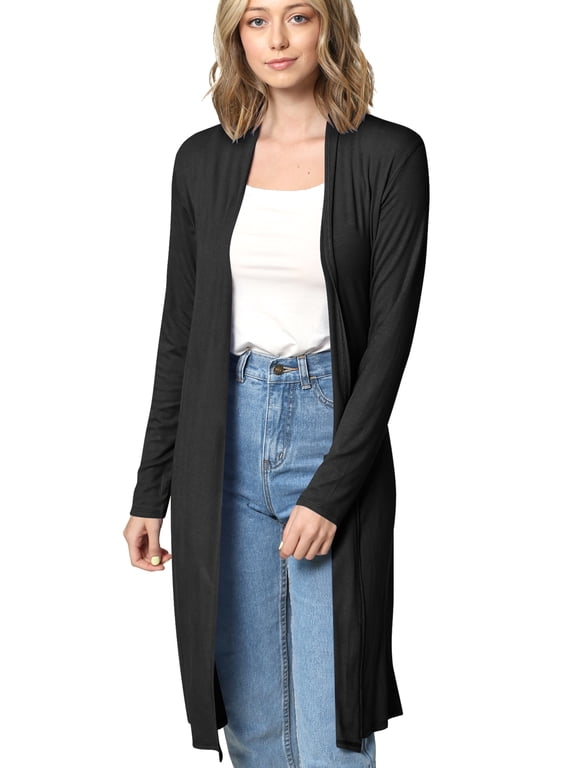 Women's Solid Long Sleeve Open Front Long Cardigan XL BLACK