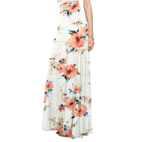 Made by Johnny Women's Solid Maxi Skirt with Elastic Waist Band S WHITE_FLORAL