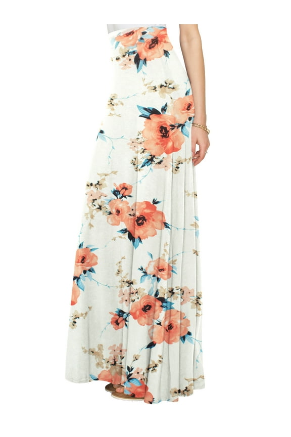 Women's Solid Maxi Skirt with Elastic Waist Band XL WHITE_FLORAL