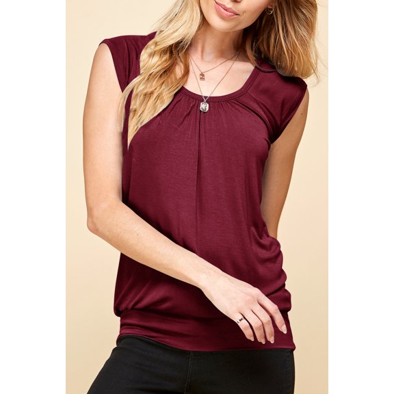 Made by Johnny Women's Solid Short Sleeve Sweetheart Top L WINE