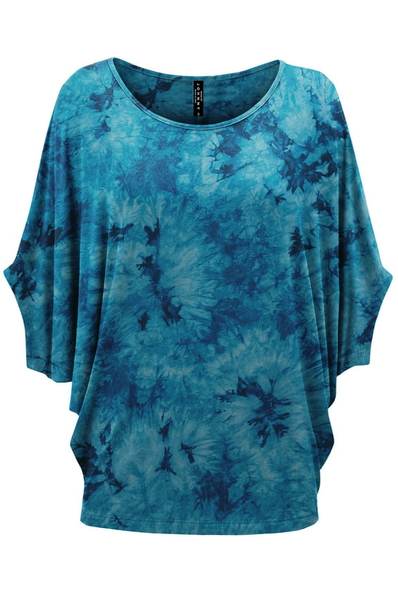Women's Tie Dye Scoop Neck Half Sleeve Batwing Dolman Top L TEAL
