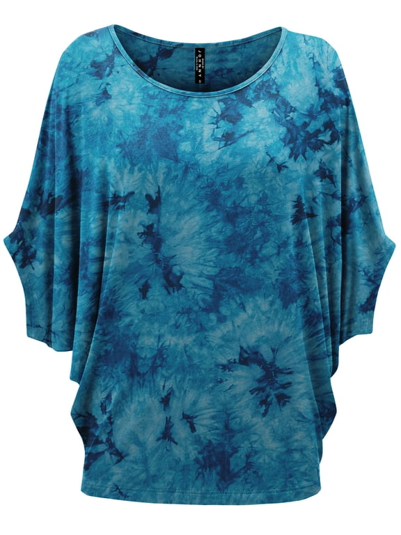 Women's Tie Dye Scoop Neck Half Sleeve Batwing Dolman Top L TEAL