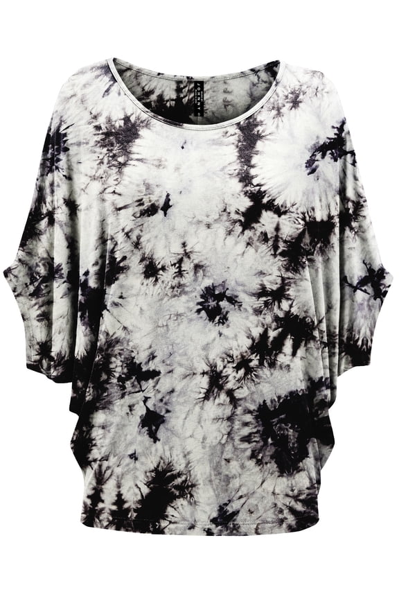 Women's Tie Dye Scoop Neck Half Sleeve Batwing Dolman Top M WHITE_BLACK