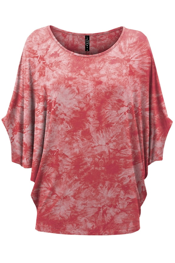 Women's Tie Dye Scoop Neck Half Sleeve Batwing Dolman Top S CORAL