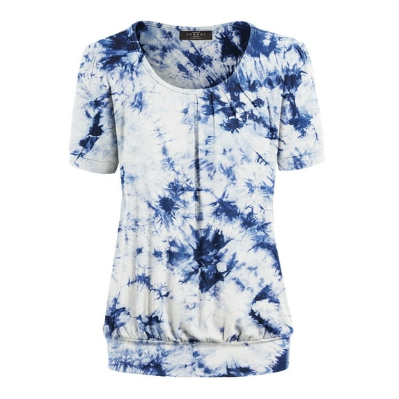 Made by Johnny Women's Tie dye Scoop Neck Short Sleeve Front Pleated Blouse Tunic Top S-3XL Plus Size L WHITE_NAVY
