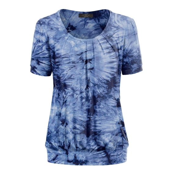 Made by Johnny Women's Tie dye Scoop Neck Short Sleeve Front Pleated Blouse Tunic Top S-3XL Plus Size XL NAVY