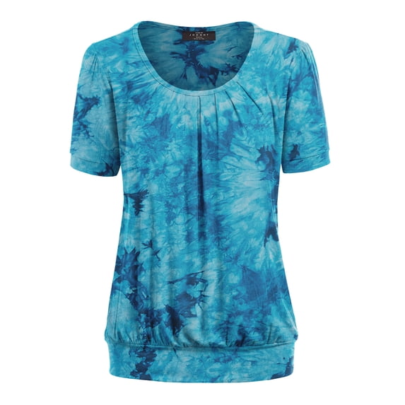 Made by Johnny Women's Tie dye Scoop Neck Short Sleeve Front Pleated Blouse Tunic Top S-3XL Plus Size XL TEAL