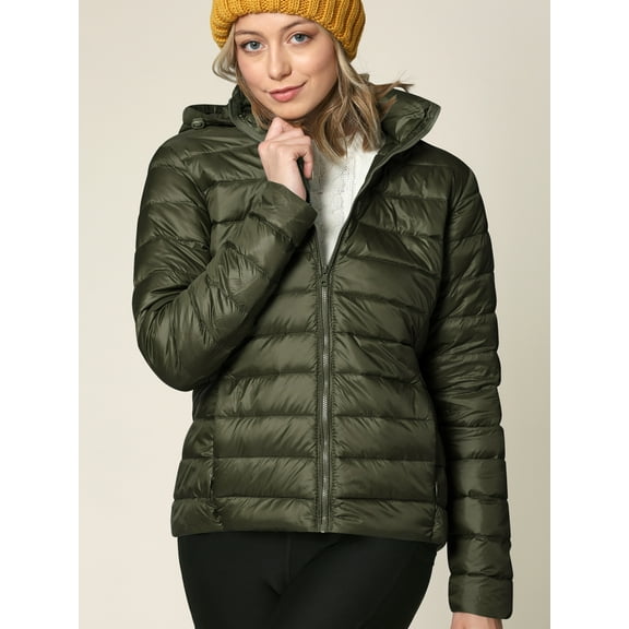 Made by Johnny Women's Ultra Light Weight Packable Down Jacket with Removable Hoodie L OLIVE