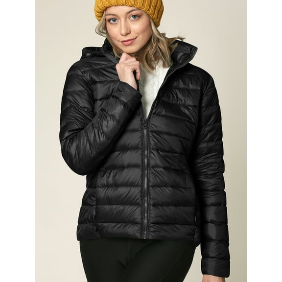 Made by Johnny Women's Ultra Light Weight Packable Down Jacket with Removable Hoodie S BLACK