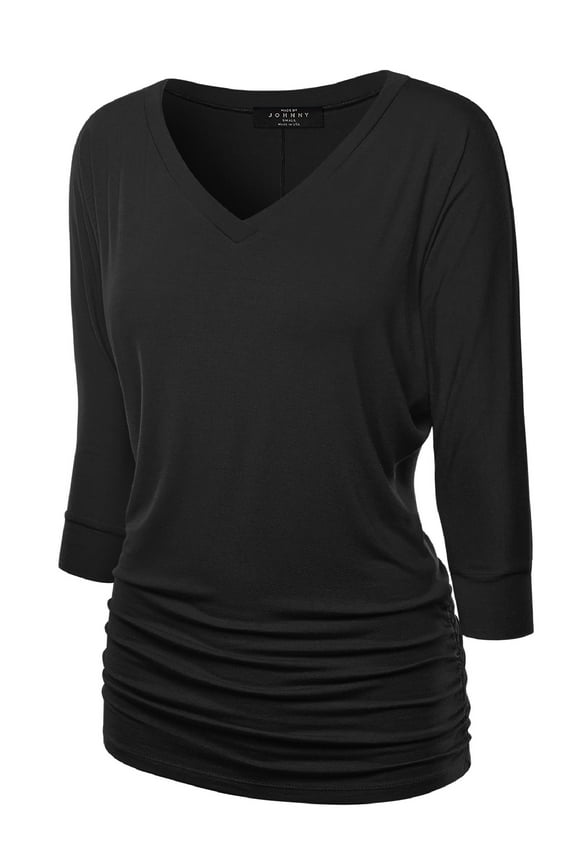 Women's V-Neck 3/4 Sleeve Dolman Top with Side Shirring L BLACK