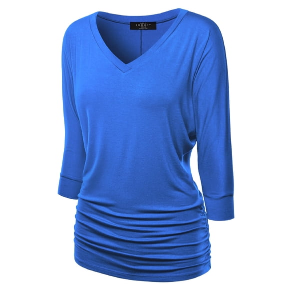 Made by Johnny Women's V-Neck 3/4 Sleeve Dolman Top with Side Shirring L ROYAL_BRITE