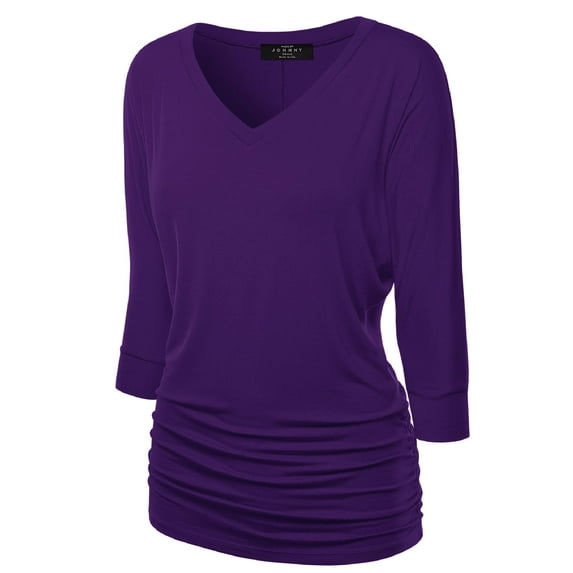 Made by Johnny Women's V-Neck 3/4 Sleeve Dolman Top with Side Shirring M DARK_PURPLE