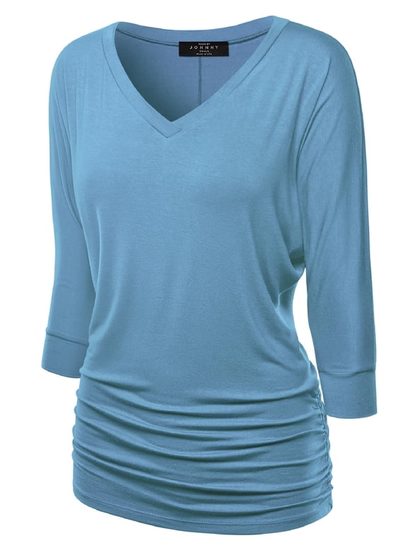 Women's V-Neck 3/4 Sleeve Dolman Top with Side Shirring M DENIM