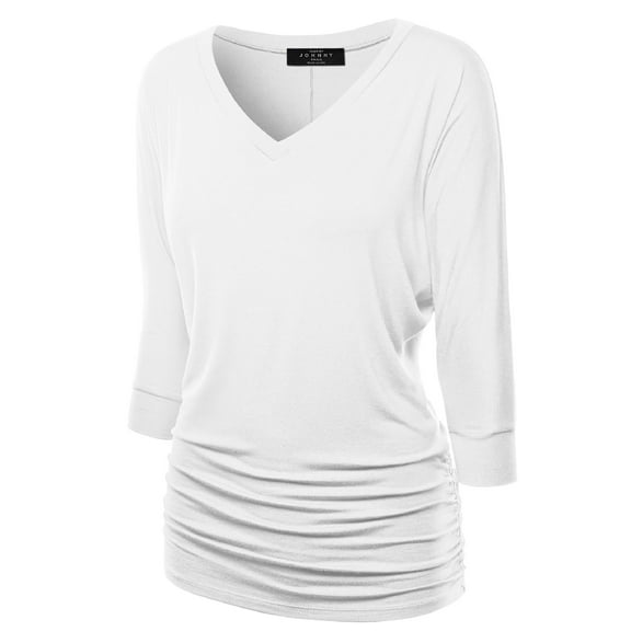 Made by Johnny Women's V-Neck 3/4 Sleeve Dolman Top with Side Shirring M WHITE