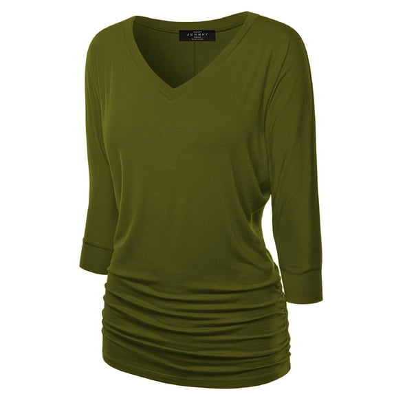 Made by Johnny Women's V-Neck 3/4 Sleeve Dolman Top with Side Shirring S OLIVE